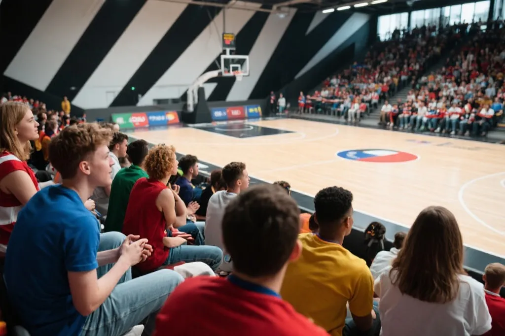 年轻球迷在未来感篮球场观赛